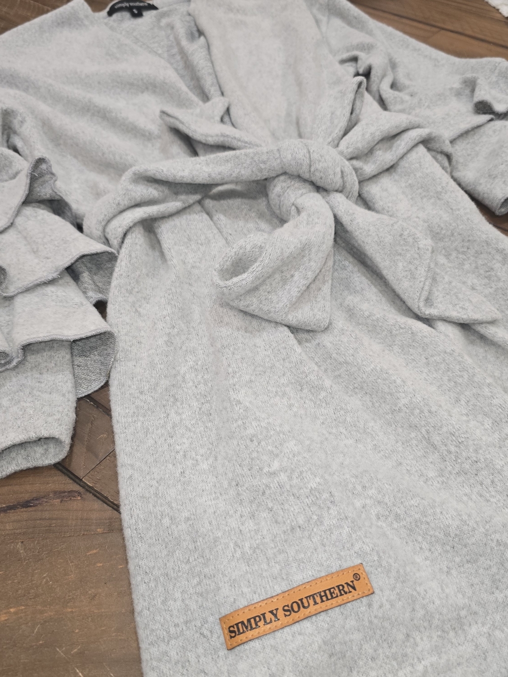 Simply Southern Light Gray Tie Front Ruffle Cardigan Small 0560